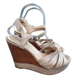 Frye Womans 8 Corrina Stitch LEATHER Platform Sandals 1970s Boho Wedge Heels Tan